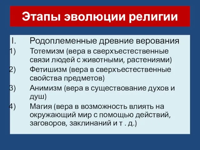 Этапы эволюции религии Родоплеменные древние верования Тотемизм (вера в сверхъестественные связи людей с