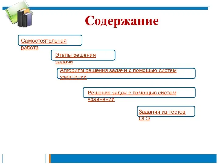 Содержание Алгоритм решения задачи с помощью систем уравнений Этапы решения