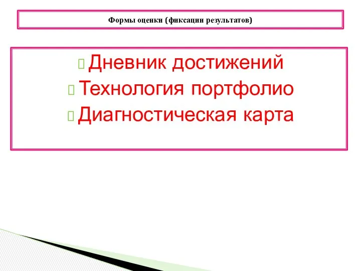 Дневник достижений Технология портфолио Диагностическая карта Формы оценки (фиксации результатов)