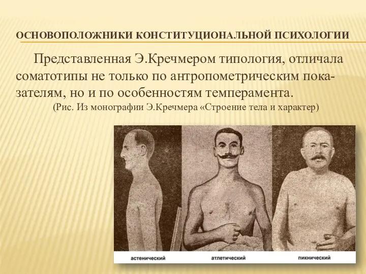 ОСНОВОПОЛОЖНИКИ КОНСТИТУЦИОНАЛЬНОЙ ПСИХОЛОГИИ Представленная Э.Кречмером типология, отличала соматотипы не только