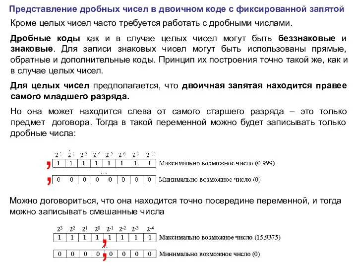 Представление дробных чисел в двоичном коде с фиксированной запятой Кроме