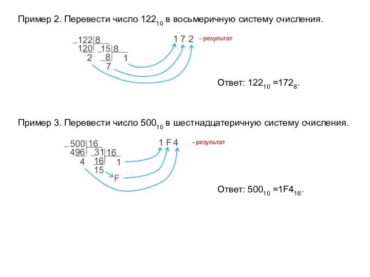 Пример 2. Перевести число 12210 в восьмеричную систему счисления. Ответ: