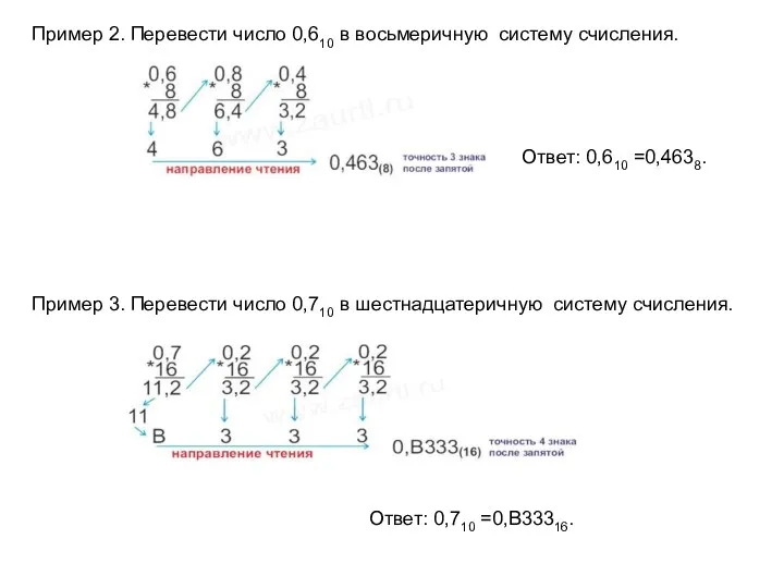 Пример 2. Перевести число 0,610 в восьмеричную систему счисления. Ответ: