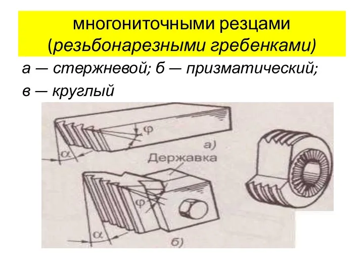 многониточными резцами (резьбонарезными гребенками) а — стержневой; б — призматический; в — круглый