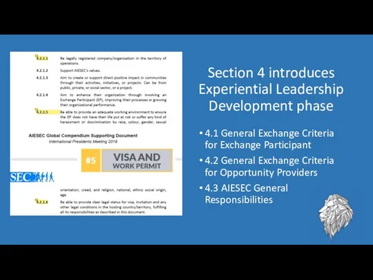 Section 4 introduces Experiential Leadership Development phase 4.1 General Exchange Criteria for Exchange