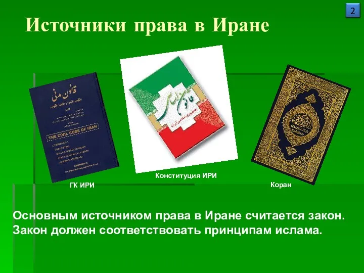 Источники права в Иране Основным источником права в Иране считается