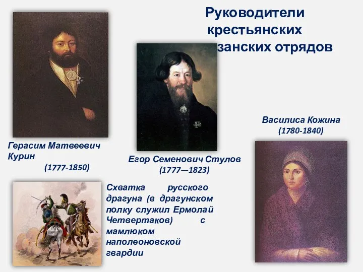 Герасим Матвеевич Курин (1777-1850) Василиса Кожина (1780-1840) Руководители крестьянских партизанских отрядов Схватка русского