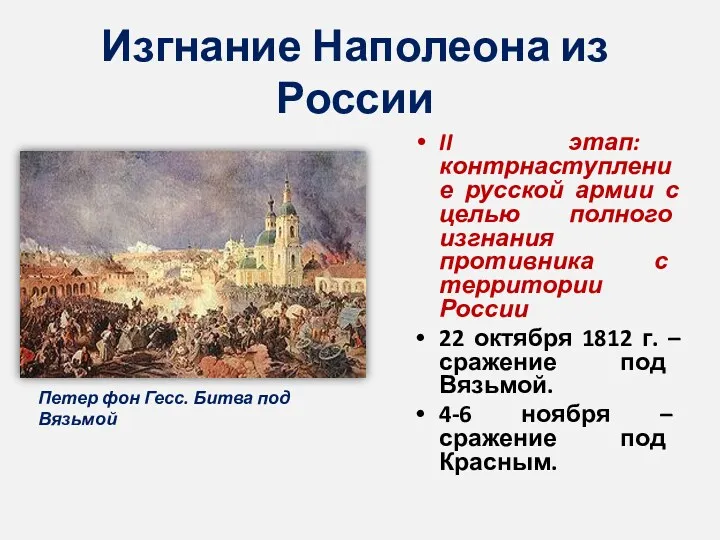 Изгнание Наполеона из России II этап: контрнаступление русской армии с целью полного изгнания
