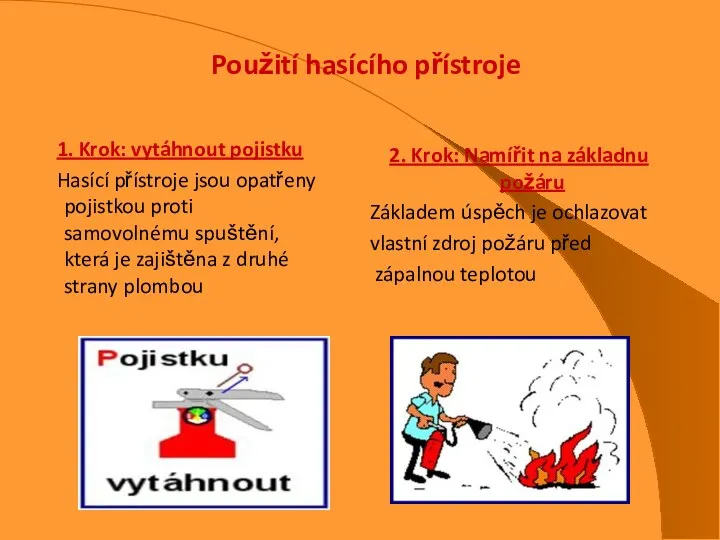 Použití hasícího přístroje 1. Krok: vytáhnout pojistku Hasící přístroje jsou