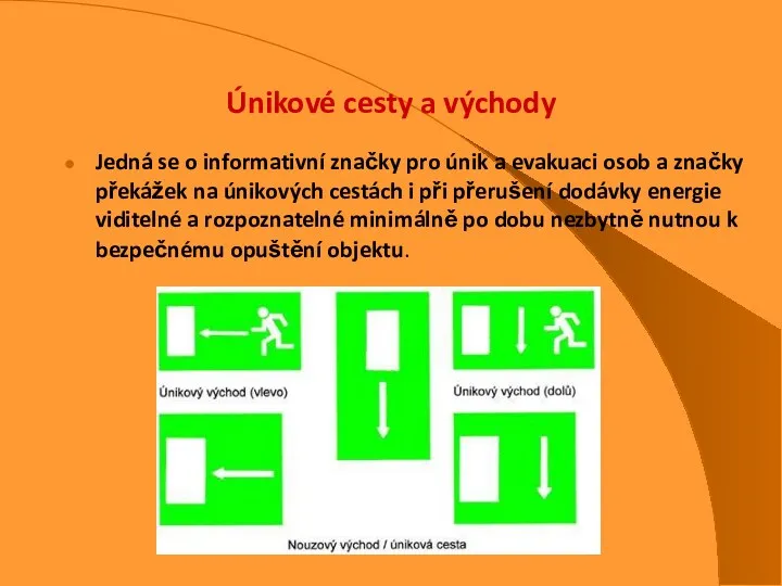 Únikové cesty a východy Jedná se o informativní značky pro