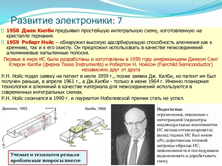 Развитие электроники: 7 1958 Джек Килби предъявил простейшую интегральную схему,