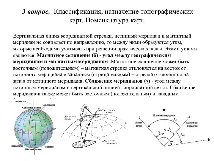 Вертикальная линия координатной стрелки, истинный меридиан и магнитный меридиан не