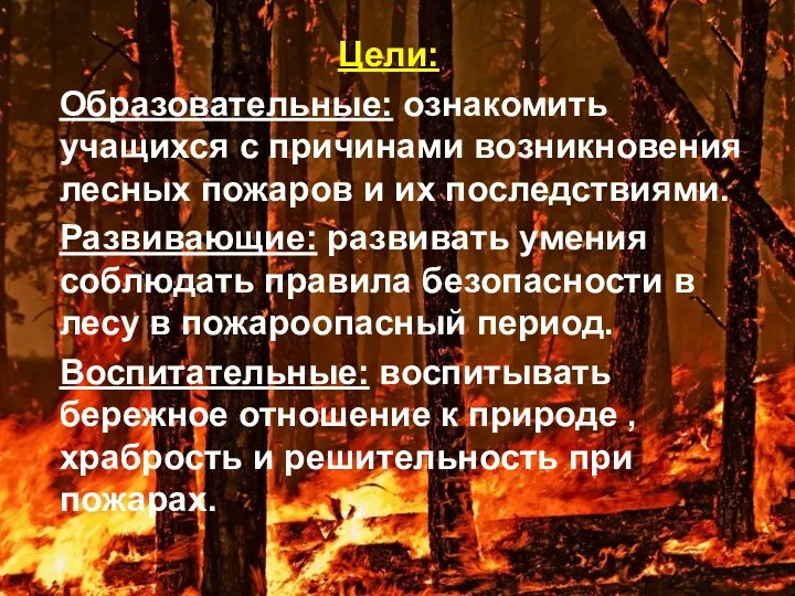 Цели: Образовательные: ознакомить учащихся с причинами возникновения лесных пожаров и их последствиями. Развивающие:
