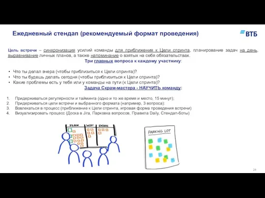 Ежедневный стендап (рекомендуемый формат проведения) Цель встречи – синхронизация усилий