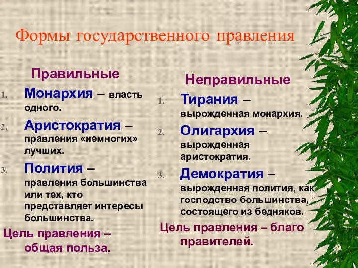 Формы государственного правления Правильные Монархия – власть одного. Аристократия –