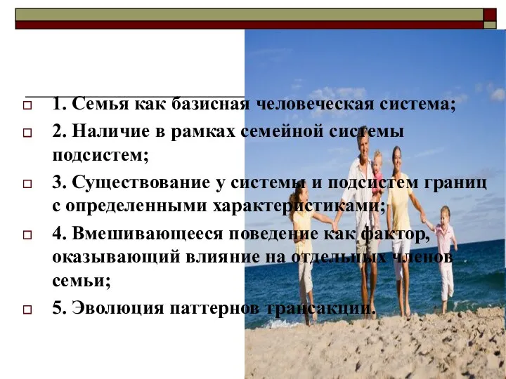 1. Семья как базисная человеческая система; 2. Наличие в рамках семейной системы подсистем;