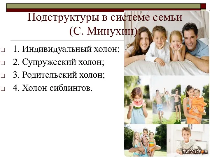 Подструктуры в системе семьи (С. Минухин): 1. Индивидуальный холон; 2. Супружеский холон; 3.