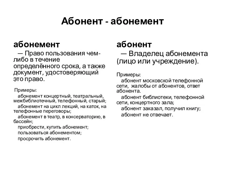 Абонент - абонемент абонемент — Право пользования чем-либо в течение