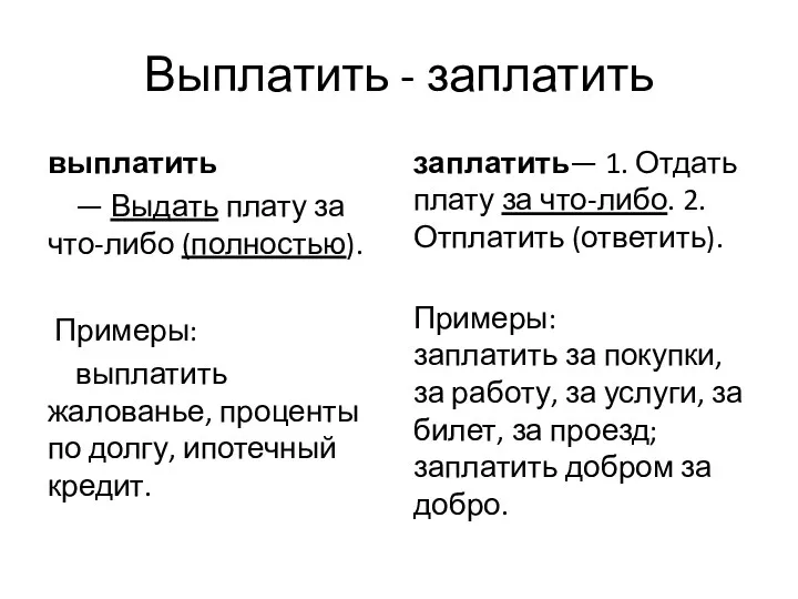 Выплатить - заплатить выплатить — Выдать плату за что-либо (полностью).