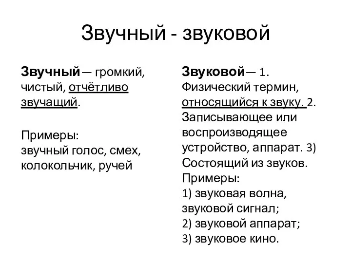 Звучный - звуковой Звучный— громкий, чистый, отчётливо звучащий. Примеры: звучный