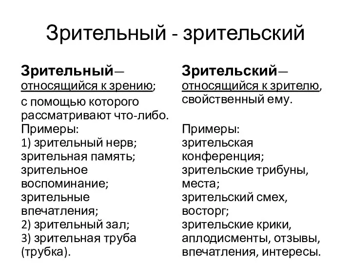 Зрительный - зрительский Зрительный—относящийся к зрению; с помощью которого рассматривают