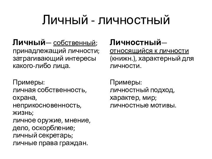 Личный - личностный Личный— собственный; принадлежащий личности; затрагивающий интересы какого-либо