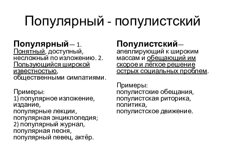 Популярный - популистский Популярный— 1. Понятный, доступный, несложный по изложению.