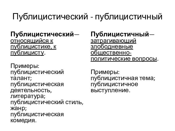 Публицистический - публицистичный Публицистический— относящийся к публицистике, к публицисту. Примеры: