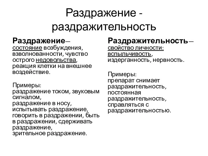 Раздражение - раздражительность Раздражение— состояние возбуждения, взволнованности, чувство острого недовольства,