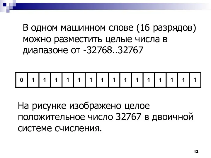 В одном машинном слове (16 разрядов) можно разместить целые числа в диапазоне от