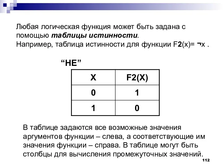 Любая логическая функция может быть задана с помощью таблицы истинности. Например, таблица истинности