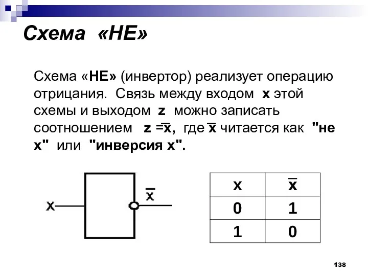 Схема «НЕ» Схема «НЕ» (инвертор) реализует операцию отрицания. Связь между входом x этой