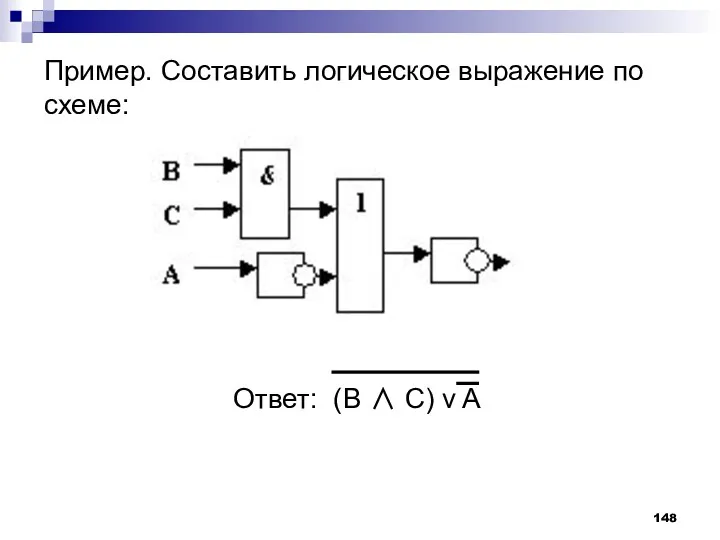 Пример. Составить логическое выражение по схеме: Ответ: (В ∧ C) v A