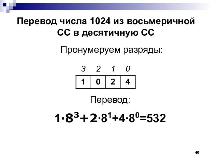 Перевод числа 1024 из восьмеричной СС в десятичную СС Пронумеруем разряды: Перевод: 1∙83+2∙81+4∙80=532