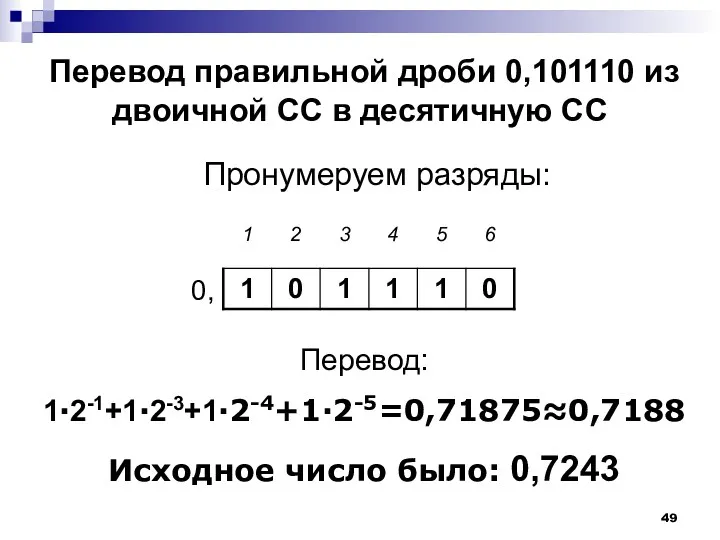 Перевод правильной дроби 0,101110 из двоичной СС в десятичную СС Перевод: 1∙2-1+1∙2-3+1∙2-4+1∙2-5=0,71875≈0,7188 Исходное