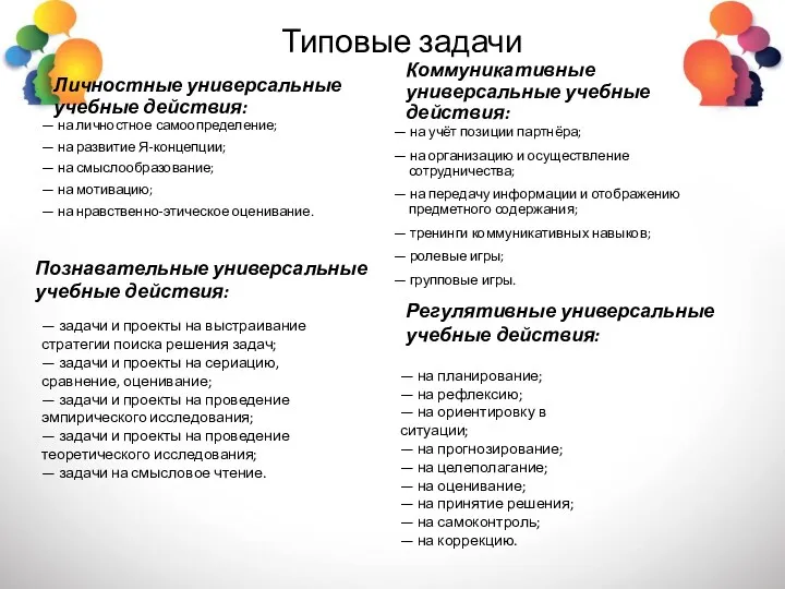 Типовые задачи Личностные универсальные учебные действия: — на личностное самоопределение;