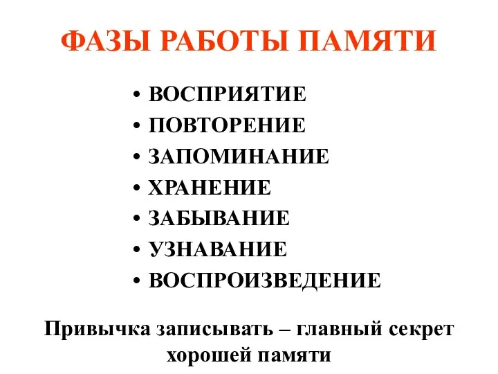 ФАЗЫ РАБОТЫ ПАМЯТИ ВОСПРИЯТИЕ ПОВТОРЕНИЕ ЗАПОМИНАНИЕ ХРАНЕНИЕ ЗАБЫВАНИЕ УЗНАВАНИЕ ВОСПРОИЗВЕДЕНИЕ