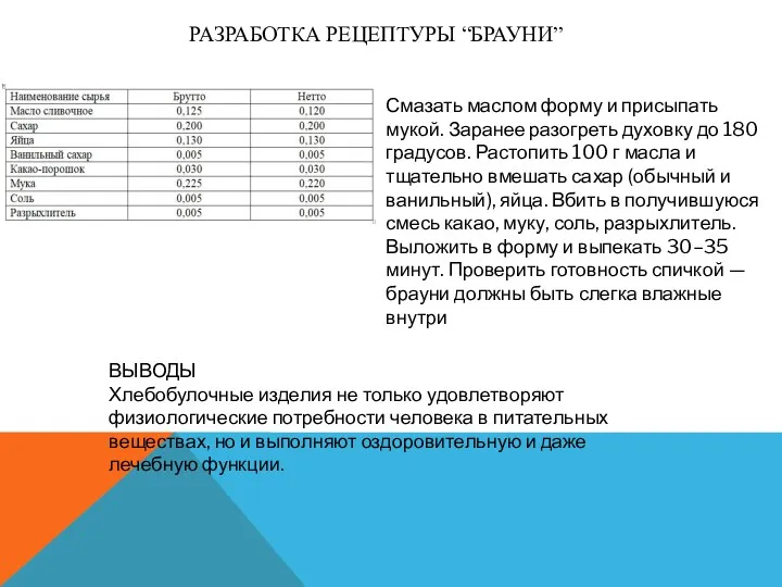 РАЗРАБОТКА РЕЦЕПТУРЫ “БРАУНИ” Смазать маслом форму и присыпать мукой. Заранее