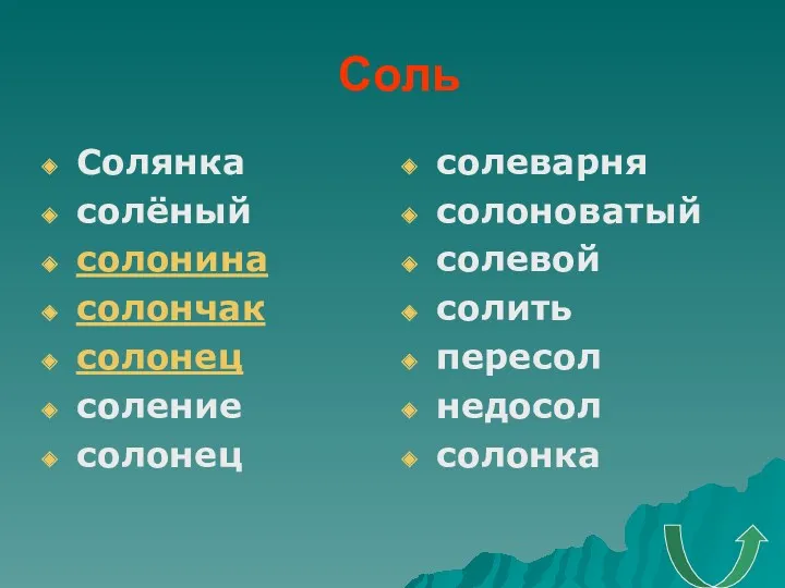 Соль Солянка солёный солонина солончак солонец соление солонец солеварня солоноватый солевой солить пересол недосол солонка