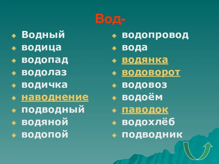 Вод- Водный водица водопад водолаз водичка наводнение подводный водяной водопой