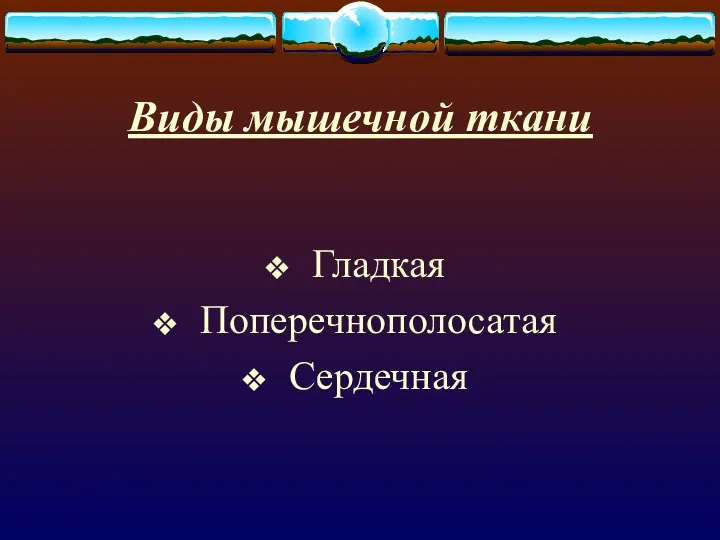 Виды мышечной ткани Гладкая Поперечнополосатая Сердечная