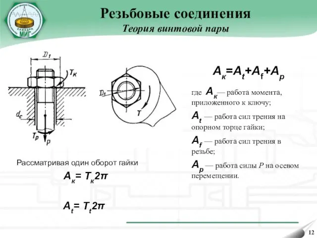 Резьбовые соединения Теория винтовой пары Aк=At+Af+Aр где Ак— работа момента,