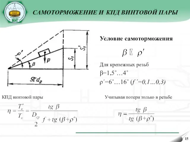 САМОТОРМОЖЕНИЕ И КПД ВИНТОВОЙ ПАРЫ Условие самоторможения Для крепежных резьб