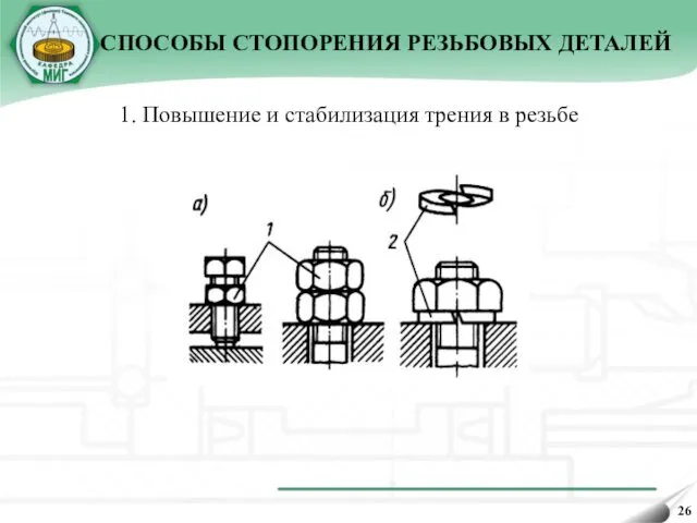 СПОСОБЫ СТОПОРЕНИЯ РЕЗЬБОВЫХ ДЕТАЛЕЙ 1. Повышение и стабилизация трения в резьбе