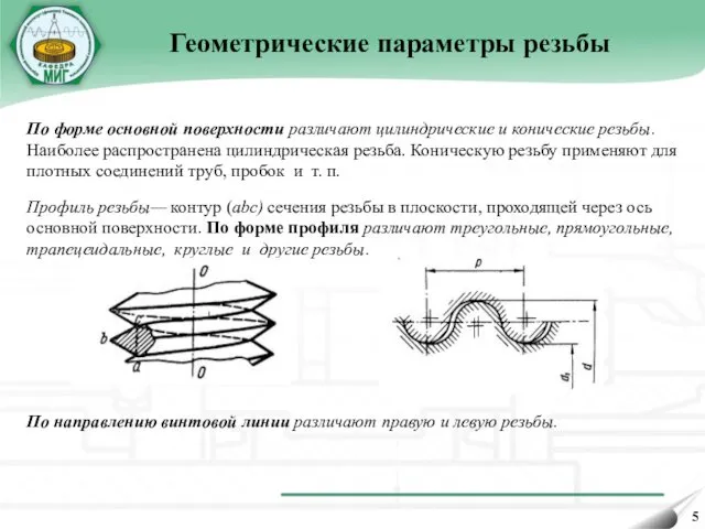 Геометрические параметры резьбы По форме основной поверхности различают цилиндрические и