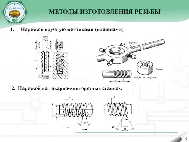 МЕТОДЫ ИЗГОТОВЛЕНИЯ РЕЗЬБЫ Нарезкой вручную метчиками (плашками). 2. Нарезкой на токарно-винторезных станках.