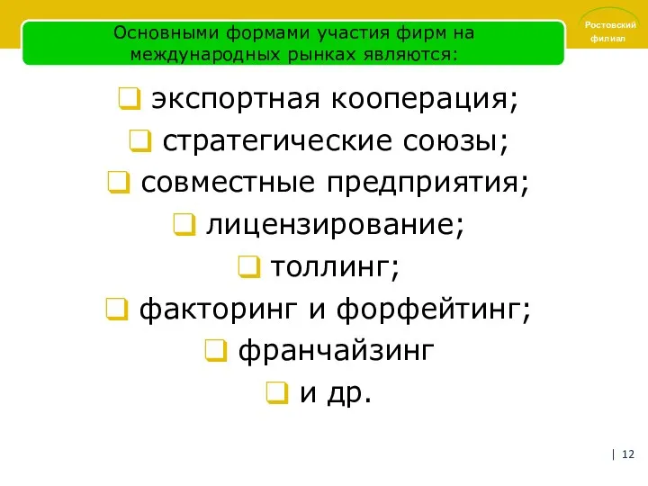 Основными формами участия фирм на международных рынках являются: экспортная кооперация;