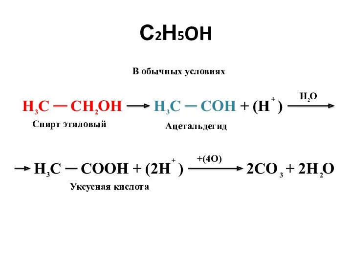 С2Н5OH Спирт этиловый Ацетальдегид +(4О) Уксусная кислота В обычных условиях