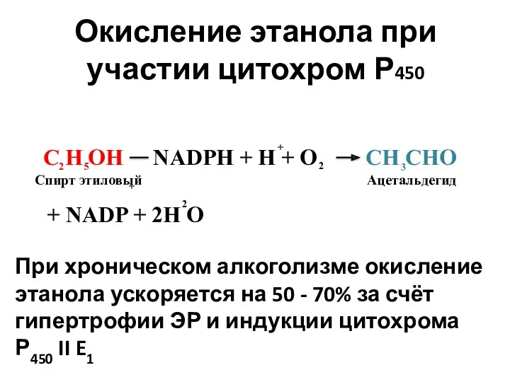 Окисление этанола при участии цитохром Р450 При хроническом алкоголизме окисление