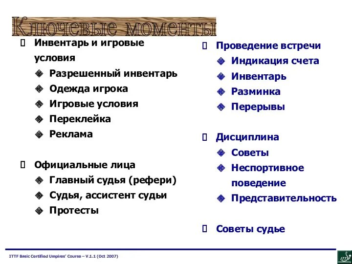 Ключевые моменты Инвентарь и игровые условия Разрешенный инвентарь Одежда игрока